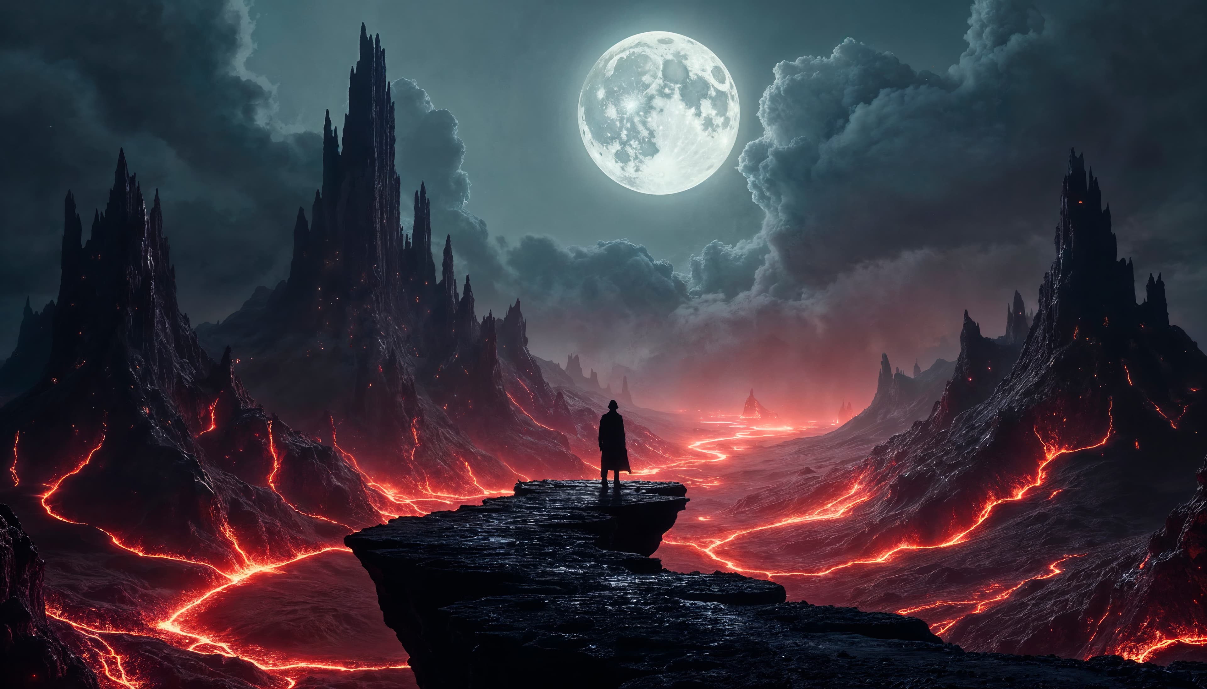 Fantasy landscape with moon and lava